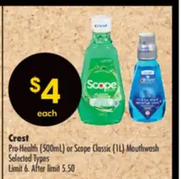 Shoppers Drug Mart Crest Pro-Health (500mL) or Scope Classic (1L) Mouthwash offer