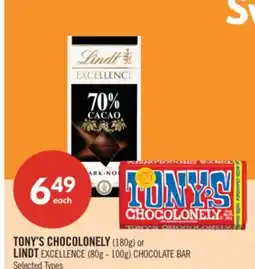 Shoppers Drug Mart TONY'S CHOCOLONELY (180g) or LINDT EXCELLENCE (80g - 100g) CHOCOLATE BAR offer