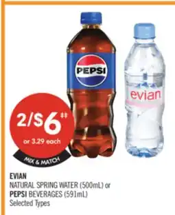 Shoppers Drug Mart EVIAN NATURAL SPRING WATER (500mL) or PEPSI BEVERAGES (591mL) offer