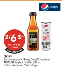 Pharmaprix CELSIUS Energy Drink (355 mL) or PURE LEAF Iced Tea (547 mL) offer