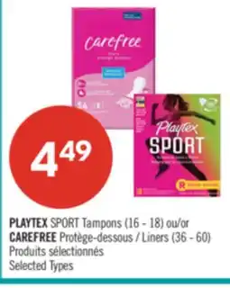 Pharmaprix PLAYTEX SPORT Tampons (16 - 18) or CAREFREE Liners (36 - 60) offer
