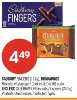 Pharmaprix CADBURY FINGERS (114g), DUNKAROOS Cookies & Dip (6) or LECLERC CELEBRATION biscuits (240 g) offer