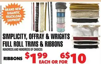 Len's Mill Stores SIMPLICITY OFFRAY & WRIGHTS FULL ROLL TRIMS & RIBBONS offer