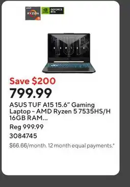 Staples ASUS TUF A15 15.6 Gaming Laptop - AMD Ryzen 5 7535HS/H 16GB RAM 512GB SSD Win 11 Home offer