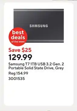 Staples Samsung T7 1TB USB 3.2 Gen. 2 Portable Solid State Drive, Grey offer