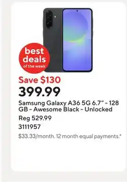 Staples Samsung Galaxy A36 5G 6.7 - 128 GB - Awesome Black - Unlocked offer