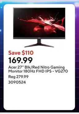 Staples Acer 27 Blk/Red Nitro Gaming Monitor 180Hz FHD IPS - VG270 offer