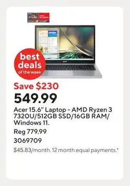 Staples Acer 15.6 Laptop - AMD Ryzen 3 7320U/512GB SSD/16GB RAM/Windows 11 offer
