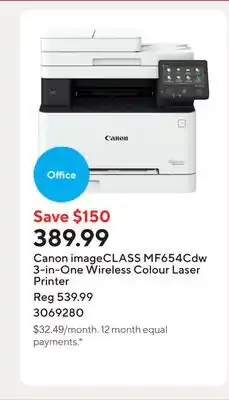 Staples Canon imageCLASS MF654Cdw 3-in-One Wireless Colour Laser Printer offer