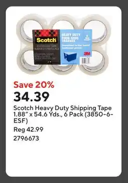 Staples Scotch Heavy Duty Shipping Tape 1.88 x 54.6 Yds., 6 Pack (3850-6-ESF) offer