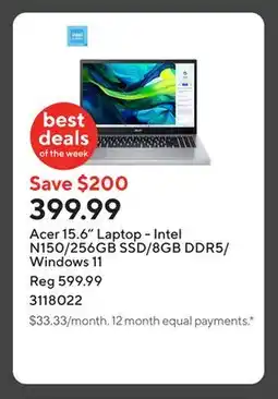 Staples Acer 15.6 Laptop - Intel N150/256GB SSD/8GB DDR5/Windows 11 offer