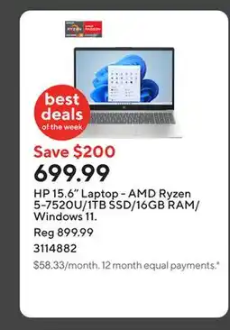 Staples HP 15.6 Laptop - AMD Ryzen 5-7520U/1TB SSD/16GB RAM/Windows 11 offer