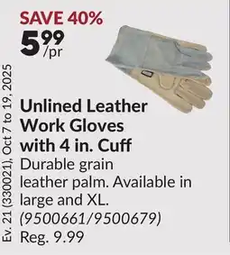 Princess Auto Unlined Leather Work Gloves with 4 in. Cuff offer