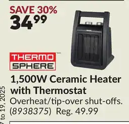 Princess Auto 1,500W Ceramic Heater with Thermostat offer