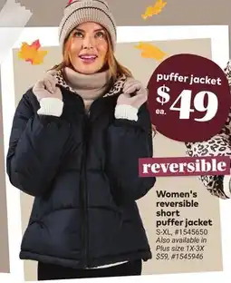 Giant Tiger Women's reversible short puffer jacket offer