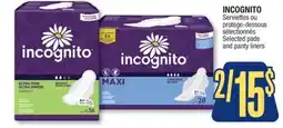 Jean Coutu INCOGNITO Selected pads and panty liners offer