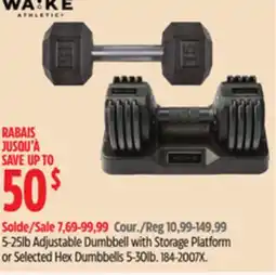 Canadian Tire WA:KE Athletic 5-25lb Adjustable Dumbbell with Storage Platform or Selected Hex Dumbbells 5-30lb offer