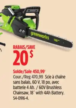 Canadian Tire Greenworks 60V Brushless Chainsaw, 18˝ with 4Ah Battery offer