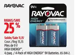 Canadian Tire RAYOVAC 4-Pack of HIGH ENERGY 9V Batteries offer