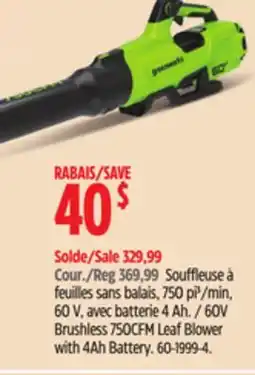 Canadian Tire Greenworks 60V Brushless 750CFM Leaf Blower with 4Ah Battery offer