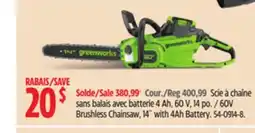 Canadian Tire Greenworks 60V Brushless Chainsaw, 14˝ with 4Ah Battery offer