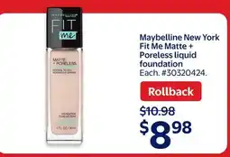 Walmart Maybelline New York Fit Me Matte + poreless Liquid Foundation offer