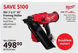 Home Hardware MILWAUKEE 18V 3-1/2 30° Framing Nailer offer