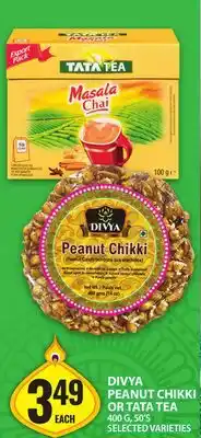 Food Basics DIVYA PEANUT CHIKKI OR TATA TEA offer