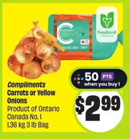 FreshCo Compliments Carrots or Yellow Onions Product of Ontario Canada No.1 1.36 kg 3 lb Bag offer