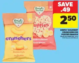 Real Canadian Superstore SIMPLY GOURMET CRUNCHERS OR PUFFIES SNACKS, 32 G offer