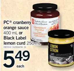 Fortinos PC CRANBERRY ORANGE SAUCE 400 mL OR BLACK LABEL LEMON CURD 250 mL offer