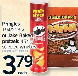 Fortinos PRINGLES, 194/203 G OR JAKE BAKED PRETZELS, 454 G offer