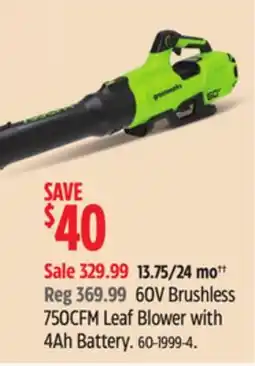 Canadian Tire 60V Brushless 750CFM Leaf Blower with 4Ah Battery offer