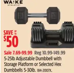 Canadian Tire 5-25lb Adjustable Dumbbell with Storage Platform or Selected Hex Dumbbells 5-30lb offer