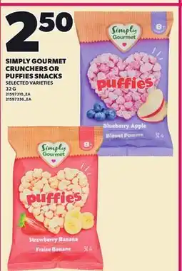 Loblaws SIMPLY GOURMET CRUNCHERS OR PUFFIES SNACKS, 32 G offer