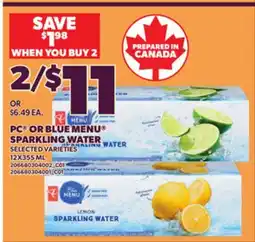 Loblaws PC OR BLUE MENU SPARKLING WATER, 12X355 ML offer
