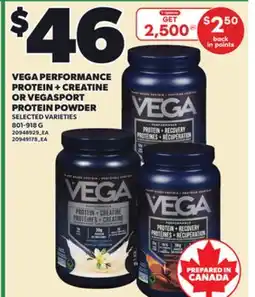 Loblaws VEGA PERFORMANCE PROTEIN + CREATINE OR VEGASPORT PROTEIN POWDER, 801-918 G offer