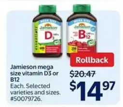 Walmart Jamieson Mega Size Vitamin D3 or B12 offer