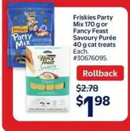 Walmart Friskies Party Mix 170 g or Fancy Feast Savoury Purée 40 g cat treats offer