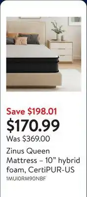 Walmart Zinus Queen Mattress – 10 hybrid foam, CertiPUR-US offer