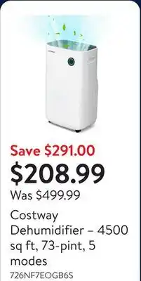 Walmart Costway Dehumidifier – 4500 sq ft, 73-pint, 5 modes offer