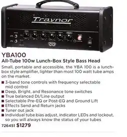 Long & McQuade TRAYNOR YBA100 ALL-TUBE 100W LUNCH-BOX STYLE BASS HEAD offer