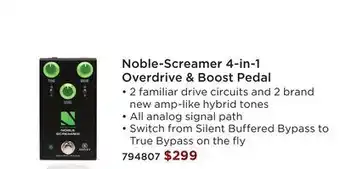 Long & McQuade NOBLE-SCREAMER 4-IN-1 OVERDRIVE & BOOST PEDAL offer