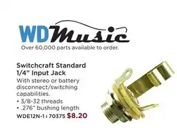 Long & McQuade WD MUSIC SWITCHCRAFT STANDARD 1/4 INPUT JACK offer