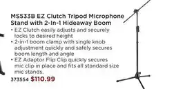 Long & McQuade HERCULES STANDS MS533B EZ CLUTCH TRIPOD MICROPHONE STAND WITH 2-IN-1 HIDEAWAY BOOM offer