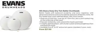Long & McQuade EVANS DRUMHEADS HD (HEAVY DUTY) DRY TOM BATTER DRUMHEADS offer