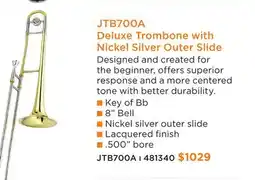 Long & McQuade JUPITER JTB700A DELUXE TROMBONE WITH NICKEL SILVER OUTER SLIDE offer