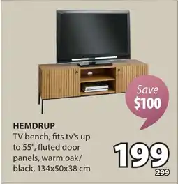 JYSK HEMDRUP TV bench, fits tv's up to 55, fluted door panels, warm oak/ black offer