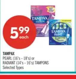 Shoppers Drug Mart TAMPAX PEARL (16's - 18's) or RADIANT (14's - 16's) TAMPONS offer