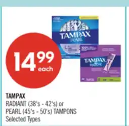 Shoppers Drug Mart TAMPAX RADIANT (38's - 42's) or PEARL (45's - 50's) TAMPONS offer